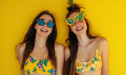 Wall Mural - Two Young Women in Colorful Swimwear and Sunglasses Smiling Against a Bright Yellow Background in a Fun Summer Vibe