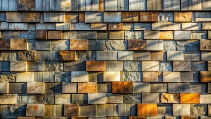 Poster - Sunlit Textured Stone Wall With Varied Rectangular Blocks