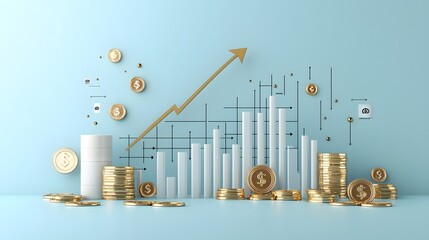 Fototapete - Vibrant 3D market chart and graph visualization featuring golden coins and an upward pointing arrow on a sleek blue background representing financial growth investment success and economic trends