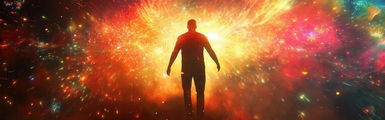Aufkleber - Vibrant silhouette of a man surrounded by a cosmic explosion of color and light in an imaginative space