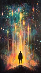 Poster - Vibrant silhouette of a man gazing at colorful cosmic energy in a starry night sky
