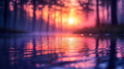 Poster - Tranquil dusk reflections over rippling water amidst a vibrant forest landscape