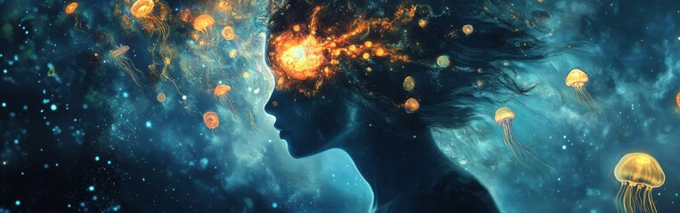 Poster - Surreal depiction of a glowing woman surrounded by luminous jellyfish in an otherworldly atmosphere