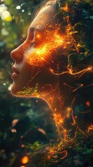 Poster - Surreal representation of a glowing woman immersed in nature at twilight