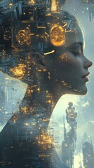 Aufkleber - Surreal glow of a woman merging with a futuristic cityscape at twilight