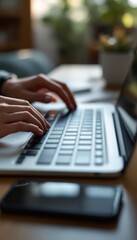 close up of hands typing on laptop keyboard with phone nearby for business or work
