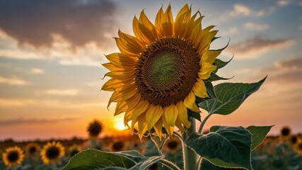 Wall Mural - sunflower field at sunset showcasing vibrant blooms and golden light in serene landscape