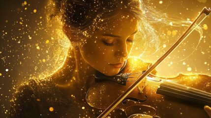 Aufkleber - Serene portrait of a woman playing the violin surrounded by shimmering light in an enchanting atmosphere