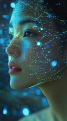 Poster - Woman's face illuminated by soft, glowing patterns in a tranquil and ethereal setting at dusk