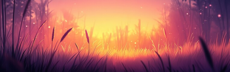 Poster - Golden hour illuminates a tranquil meadow with tall grasses swaying in the gentle breeze