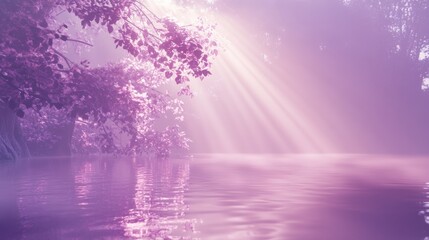 Fototapete - Serene lavender and soft pink landscape with gentle light reflecting on calm water during early morning hours