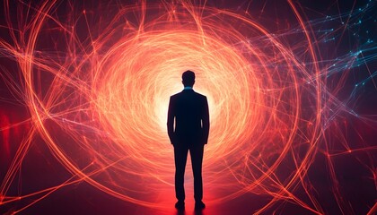Aufkleber - A Solitary Figure Facing a Fiery Swirl of Energy and Light, Symbolizing Transformation, Possibility, and the Journey into the Unknown Realm of Innovation and Ideas