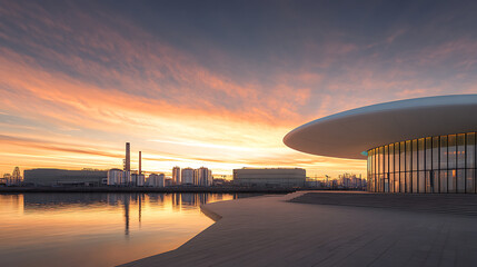 Wall Mural - Futuristic building at sunset mountain backdrop.