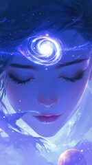 Poster - Mystical portrayal of a woman's face surrounded by cosmic elements and swirling energy