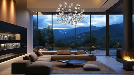 Wall Mural - Modern living room features elegant decor with dramatic lighting and stunning mountain views at dusk