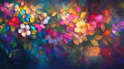 Poster - Colorful floral display glowing with vibrant hues in a mystical garden setting during dusk
