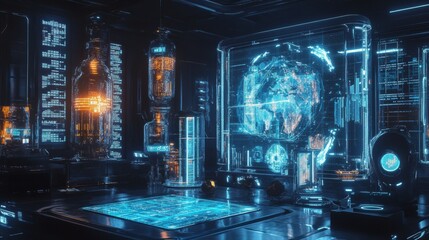 Leinwandbilder - Futuristic collectible room showcasing holograms and advanced technology in a high-tech environment