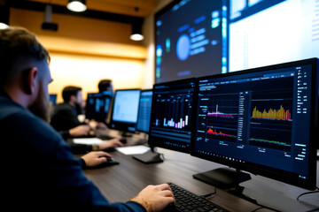 A group of professionals analyzing data on multiple monitors in a modern workspace, showcasing dynamic graphs and statistics.