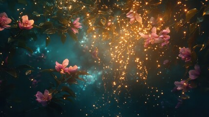 Poster - Twinkling fairy lights dance among blooming flowers in an enchanted forest at twilight