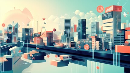 Aufkleber - Creative blend of commercial real estate design showcasing futuristic urban landscape with vibrant colors and abstract elements