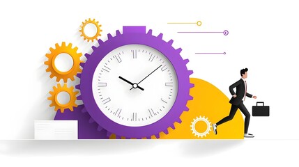 Aufkleber - of a professional business person running with a briefcase on a giant glowing gear clock set against a vibrant purple and yellow gradient background with dynamic gear elements