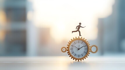 Aufkleber - of a Business Professional Dynamically Running on a Clock Gear with Another Gear Beneath Set Against a Vibrant and Glowing Gradient Background Emphasizing Productivity