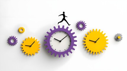 Leinwandbilder - Modern abstract design featuring a silhouetted man running atop a vibrant purple and yellow geared clock symbolizing the concepts of progress efficiency technology