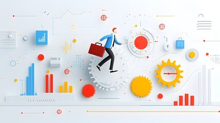 Aufkleber - Ambitious Professional Running Atop a Gear Shaped Clock Surrounded by Vibrant Abstract Elements and Glowing Hues Symbolizing Corporate Success Innovation and Deadline Driven Productivity