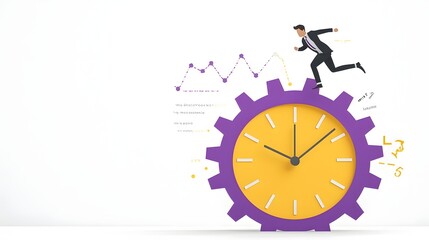 Aufkleber - Dynamic Cartoon of a Businessman Rushing and Running on Top of a Massive Vibrant Purple and Yellow Gear Clock Symbolizing Time Management Productivity