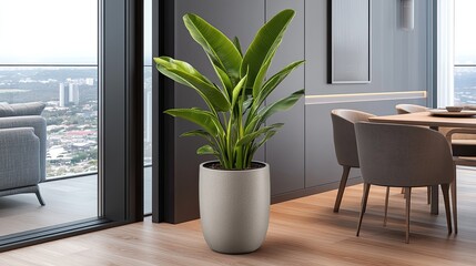 Wall Mural - Bright natural light illuminates a spacious room featuring a large potted plant next to stylish rattan dining furniture