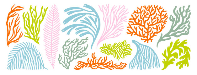 Aquarium, ocean and undersea seaweeds and corals icon set. Hand drawn minimal style branches and sea plants. Naive shapes curly seaweeds. Pastel colored kid style underwater plants. Funky fronds.