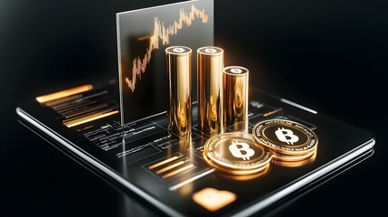 Fototapete - Futuristic visual representation of financial business progress with dynamic charts graphs and glowing currency symbols on a conceptual success background  Illustrates data analytics wealth