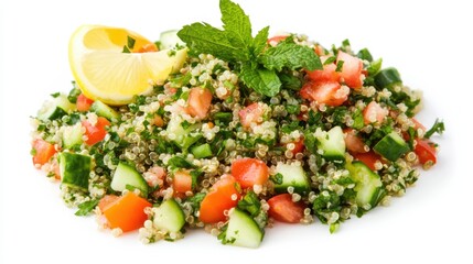 Wall Mural - A colorful quinoa tabbouleh salad with diced cucumber, tomato, parsley