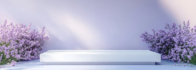 Wall Mural - a floating podium with clean lines and an empty space, set against a bright lavender backdrop, perfe