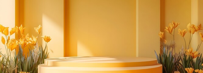 Wall Mural - A tall, slender podium with plenty of open space for display, surrounded by a warm golden-yellow background for Mother's Day