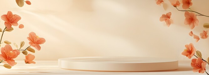 Wall Mural - a minimal podium with an open display area, bathed in soft orange light, sitting against a light bei