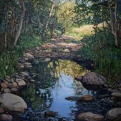 Poster - Serene River Landscape: Tranquil Forest Stream and Rocks