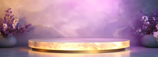 Wall Mural - a luxury podium with an empty display area, bathed in soft gold light, set against a pastel lavender