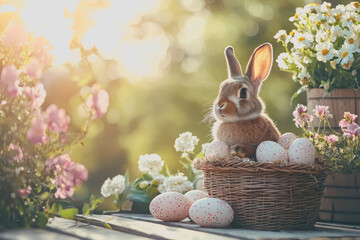 Wall Mural - A colorful basket filled with easter eggs and a cute bunny sitting inside the basket in a festive setting