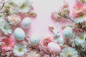 Wall Mural - White bunny sitting among colorful flowers and decorative eggs during springtime celebrations in a vibrant garden setting