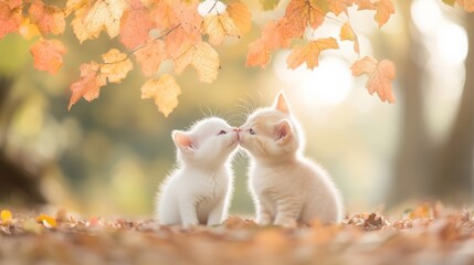 Wall Mural - Adorable baby cats sharing a loving kiss under a tree. Sweet British Shorthair kittens kissing.