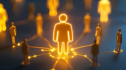 Fototapete - Illuminated figure in a network of glowing silhouettes, representing connection, collaboration, and community in a digital landscape of professionals and technology