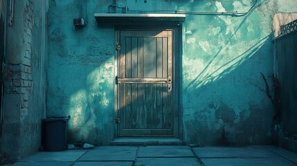 Poster - Sunlit Teal Wall with Aged Wooden Door