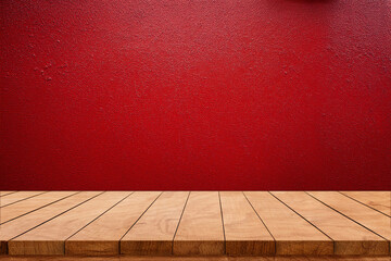 Wall Mural - Empty wooden table top and color red wall background for showing products and advertisers. Template mock up for display of product. product promotion in the wall. for display or montage.