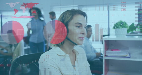 Wall Mural - image of financial data processing over caucasian businesswoman in office