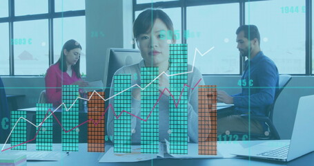 Wall Mural - Image of financial data processing over asian businesswoman in office