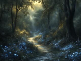 Mystical forest path with blue flowers at dawn.