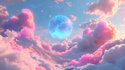Wall Mural - Ethereal Fantasy Landscape with Colorful Clouds and Glowing Moon