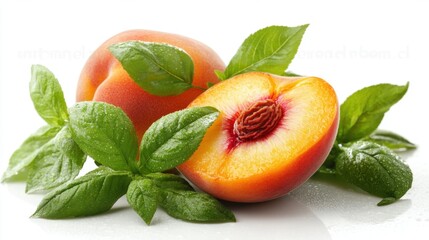 Wall Mural - Fresh Peach with Green Leaves on White Background for Culinary Use