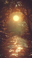 Wall Mural - Sunset River Landscape: Golden Hour in the Forest